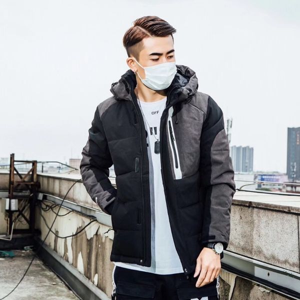 

mens winter jacket black white blue casual fashion sport brand logo hooded down jacket outwear warm clothes thicken doudoune homme asian