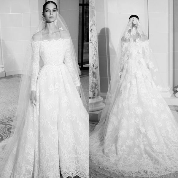 2020 Modest ELIE SAAB Elegante A-Linie Brautkleider Bateau Langarm Spitze Applikation Brautkleider Sweep Zug Robe de Mari￩e