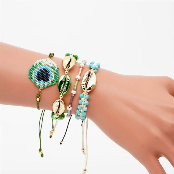 

zvzo shell bracelets miyuki evil eye bracelet peacock feather jewelry pulseras mujer 2019 women natural stone handmade woven, Golden;silver