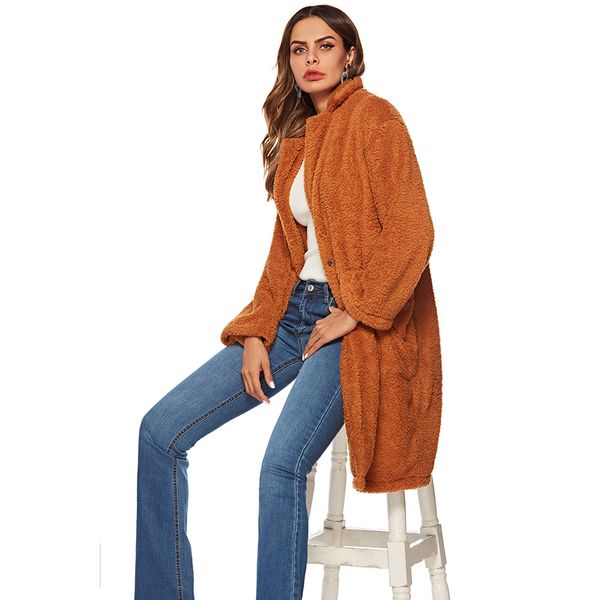 

winter 2019 women's cross-border brown woolen coat with large pockets stuffed, Black