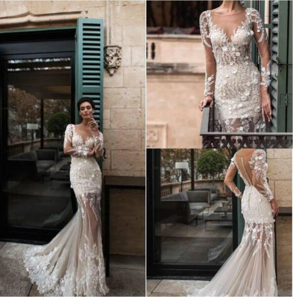 

нора навиано 2019 свадебные платья кружева аппликация пляж свадебные платья с длинным рукавом старинные русалка свадебное платье халаты де с, White