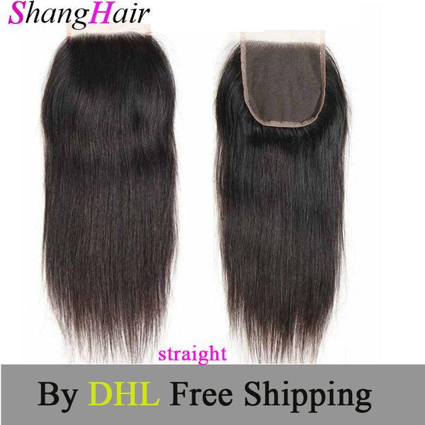 

free style бразильского remy человеческих волосы шнурок закрытие прямое отбеленные узлы швейцарского шнурок 4 «* 4» шнурок человеческих воло, Black