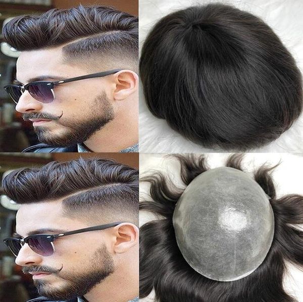 Mens peruca de seda retas plúdicas plutônicas plutônea preto # 1b Malaysian virgem remy sistema de cabelo humano homens substituição de cabelo para homens frete grátis