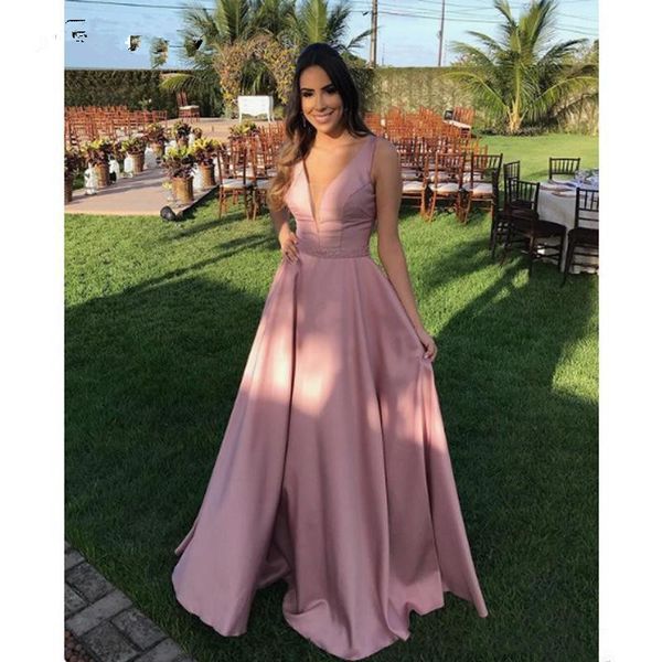 

Bridesmaid Dress Elegante A Linha Stain Vestidos de Noite V Profundo Neck Mangas Beading Cintura Longo Vestido Robe Soirée Festa