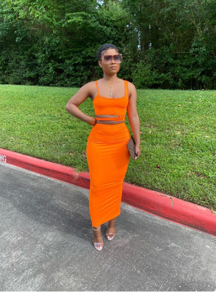 

hollow out buttock skirts green orange two piece outfits women summer fashion 2020 2pcs set crop sets ladies wear, White