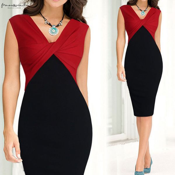 

plus size 2020 fashion summer patchwork fold work office polyester bodycon sleeveless women casual party dress vestido de festa, Black;gray