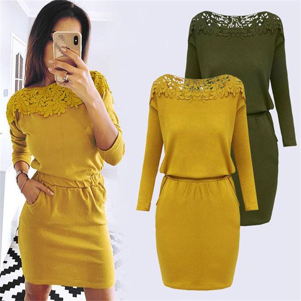 

new arrival 2019 autumn winter dresses women slim bodycon lace patchwork dress woman casual long sleeve straight dress vestidos, Black;gray