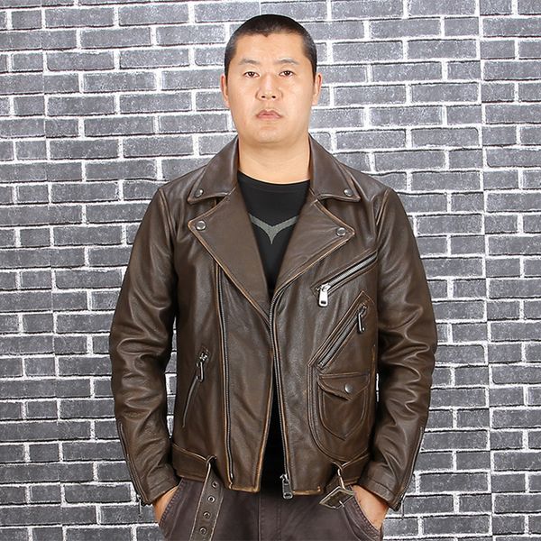 

2019 vintage brown american men short motorcycle leather jacket plus size 4xl genuine cowhide slim fit biker coat ling, Black