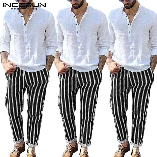 

incerun england retro men fashion striped casual trousers slim joggers elegant street mens social stretch elastic pencil pants, Black