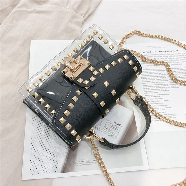 

Small clear Brand Designer Woman 2020 Newset Fashion Messenger Bag Chains Shoulder Bag Female Rivets Transparent Square PU Handbag
