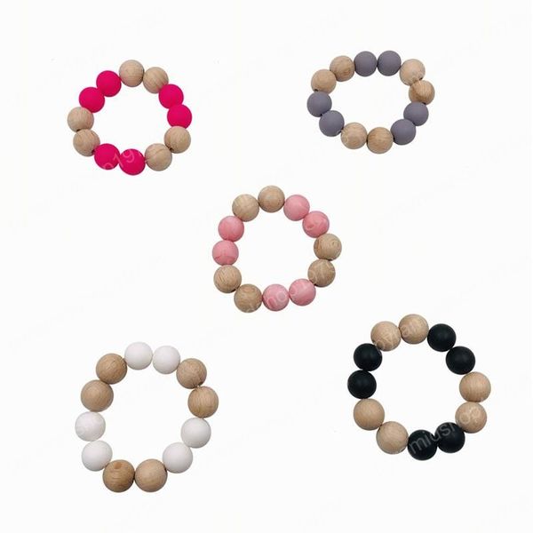 

ins baby wooden teether bracelets silicone chew beads teething wood rattles toys baby teether soother bracelets high quality