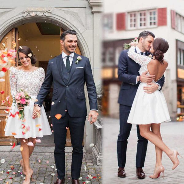 

Lace Short Wedding Dresses Knee Length Sheer Long Sleeves Bridal Gowns Custom Made Backless Beach Wedding Gowns robe de mariage