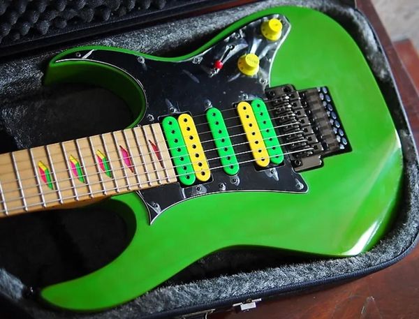 

uv777 universe 7 string vai green electric guitar hsh pickups, floyd rose tremolo & locking nut, disappearing pyramid inlay, black hardware