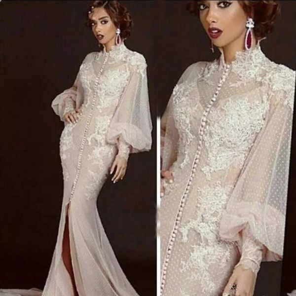 

ivory muslim evening dresses 2018 mermaid long sleeves tulle lace slit formal dress dubai saudi arabic long elegant evening gown, White;black