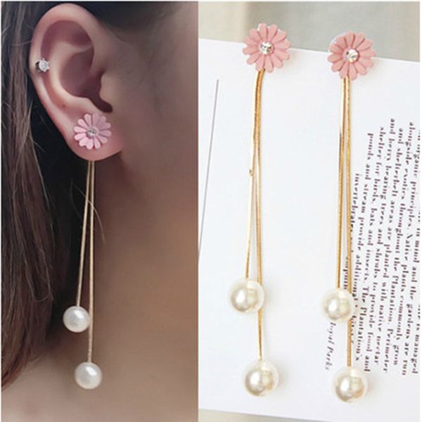 

2020 new korean version of the temperament long pendant female earrings personality creative daisy inlaid rhinestone ear line, Silver
