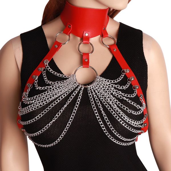 

red leather harness cage bra lingerie belt fetish metal chain o-ring punk goth body bondage adjust plus size hollow out top, Black;white