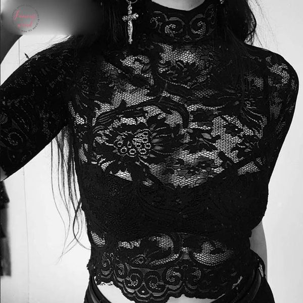 

aesthetic mesh hollow out t shirts hole patchwork crop short solid t shirt gothic transparent embroidery t shirt lace, White