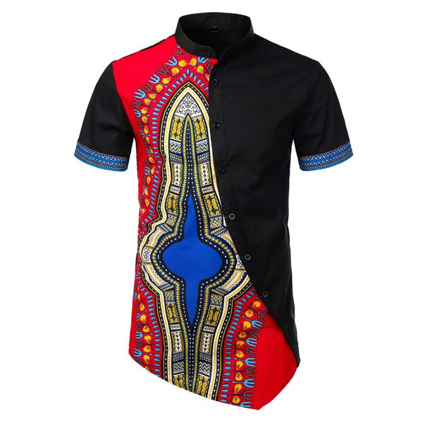 

african dashiki patchwork shirt men summer stand collar obique button irregular hem african clothing camisa masculina, White;black