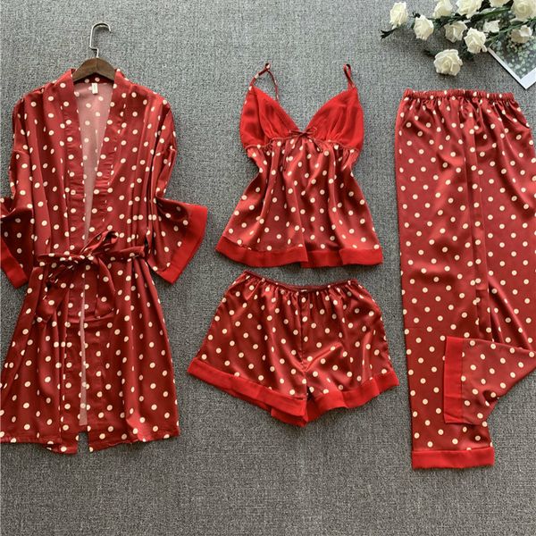 

qweek silk pajama set floral print 4 pieces nightwear pyjama lounge wear night suits ladies pijama feminino with chest pad, Black;red