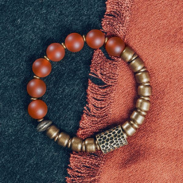 

10mm red green stone ottone beads bracelet hammered cooper charm minimalist rustic hand forged metal jewelry couple gift, Black