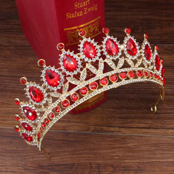 

wedding bridal tiara crown queen bride gold red crystal diadem hair ornaments head jewelry accessories women pageant headpiece, Golden;white