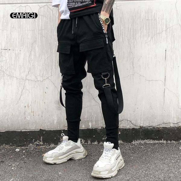 

men multi-pocket elastic waist design harem pant street punk hip hop casual trousers joggers male dancing pant, Black