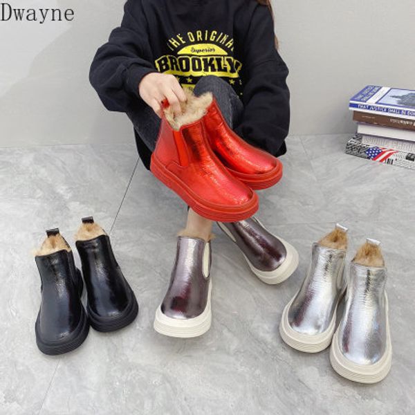 

2020 winter new fashion patent leather high-flat casual plus velvet cotton boots children, Black