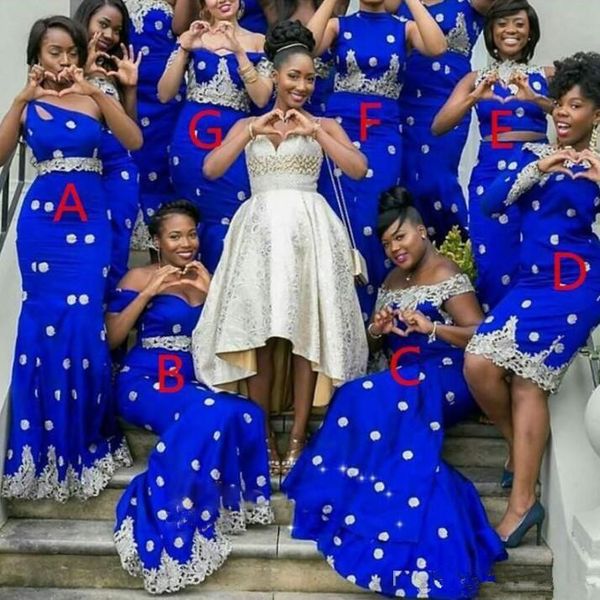 

2019 royal blue mermaid bridesmaid dresses long lace appliques african women formal wear party dress fashion plus size maid of honor gowns, White;pink