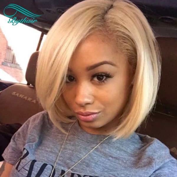 Pre Plucked 60 Blonde Color Short Bob Straight Full Lace Wigs
