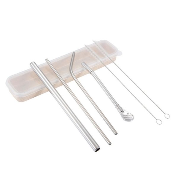 

x6pcs/set reusable stainless steel drinks straw with cleaning brush spoon bar party accessory for milk coffee