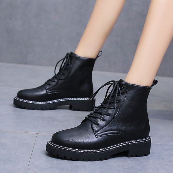 

classic women's black leather boots 2019 autumn winter high platform ankle botas mujer lace up motorcycle boots female