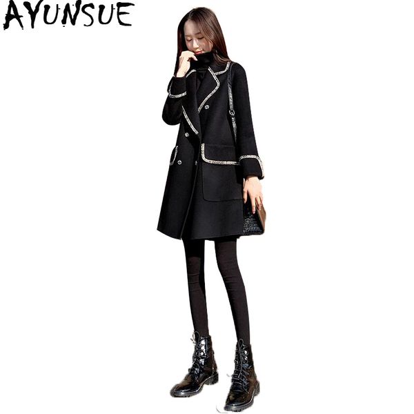 

ayunsue women's woolen coat spring autumn long wool jacket black korean ladies coats elegant overcoat 2020 casaco feminino j3909