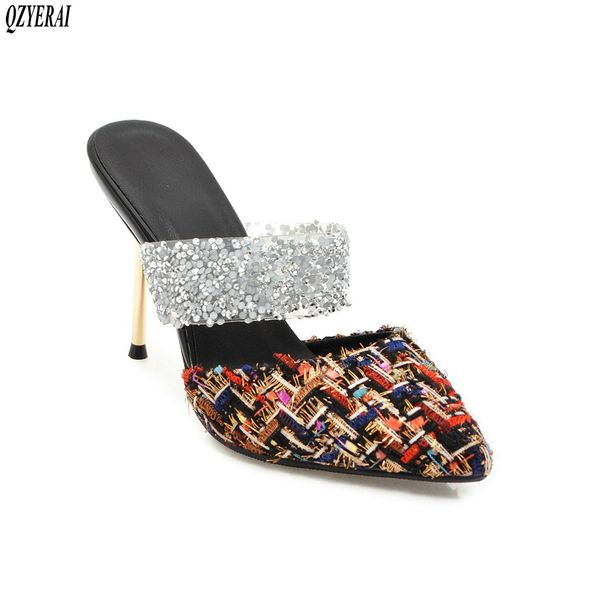 

2020 new spring summer women's slippers 9cm metal heels slippers metallic glitter outdoor party shoes size 34-43, Black