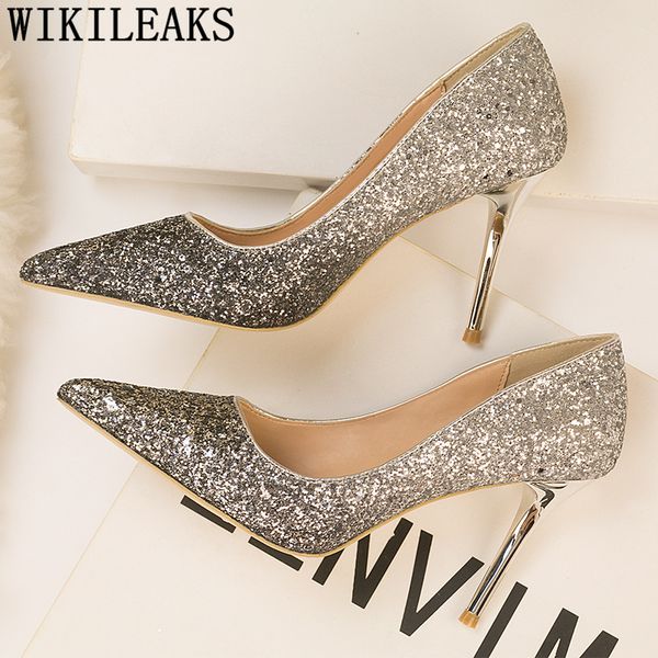 

glitter heels party shoes women pumps stiletto dress shoes women designers tacones altos mujer ayakkabi, Black