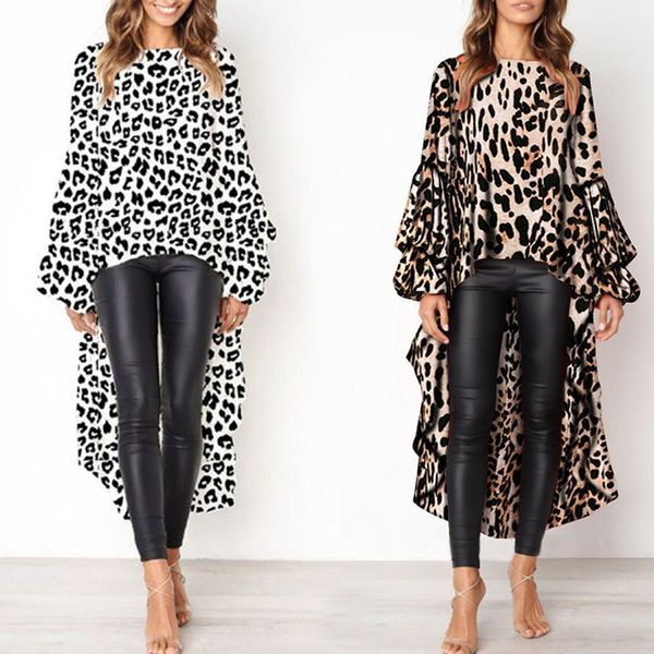 

print t-shirt long long hem irregular t-shirt sleeve leopard sweatshirt autumn women uswux, Black