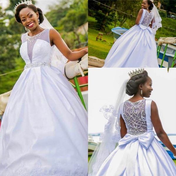 

stunning beaded satin plus size wedding dresses court train sheer neckline court train backless african a line bridal gowns for black girls, White