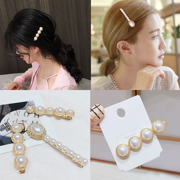 

mengjiqiao 2019 korean new trendy hair jewelry simulated pearl hair clips women fashion barrettes wedding accessories gifts, Golden;white