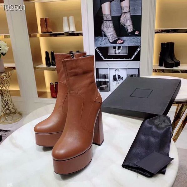 

orignal box] luxury new womens platform autumn winter brown ankle height increasing high heel real leather boots size 35-41, Black