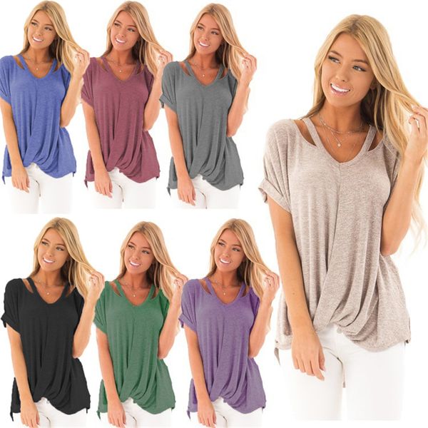 

women sleeve casual blouse summer t shirts neck plain loose basic s-xxl tee v short ftjkm, Black