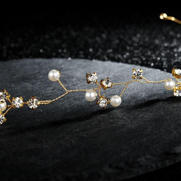 

korean bridal tiara clip simple pearl handmade women crystal hairband bride wedding headpiece jewelry accessories, Golden;white