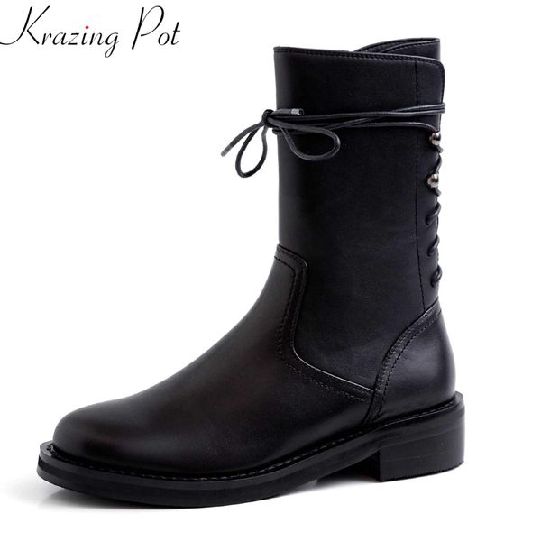 

krazing pot superstar genuine leather thick med heel round toe back lace up vintage rock punk design black mid-calf boots l28