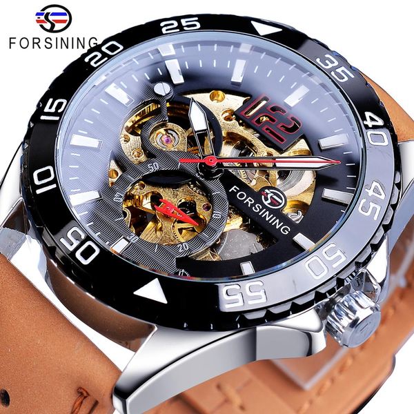 

forsining 2019 mechanical watch male automatic creative half color brown leather belt couple watches relogio masculino, Slivery;brown