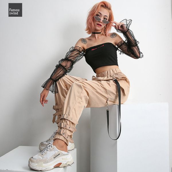 

streetwear хаки повседневных штаны capris женщины упругий высокая талия кнопка бегуны мода hip hop длинные брюки, Black;white