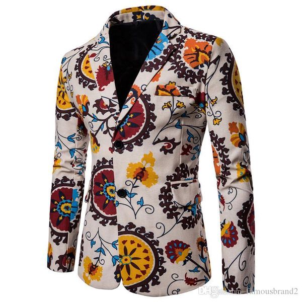 

mens floral printed linen blazers autumn spring casual long sleeved single breasted, White;black