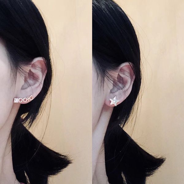

c1969 korean wave personality trendy asymmetric earrings simple cubic zircon with star letter ear stud geometric earrings, Golden;silver