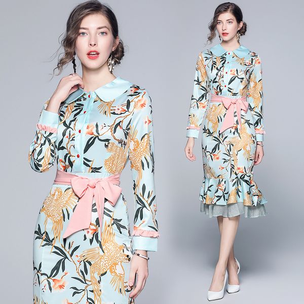 

european station temperament little fragrant lady print dress ribbon new women's wear, Black;gray