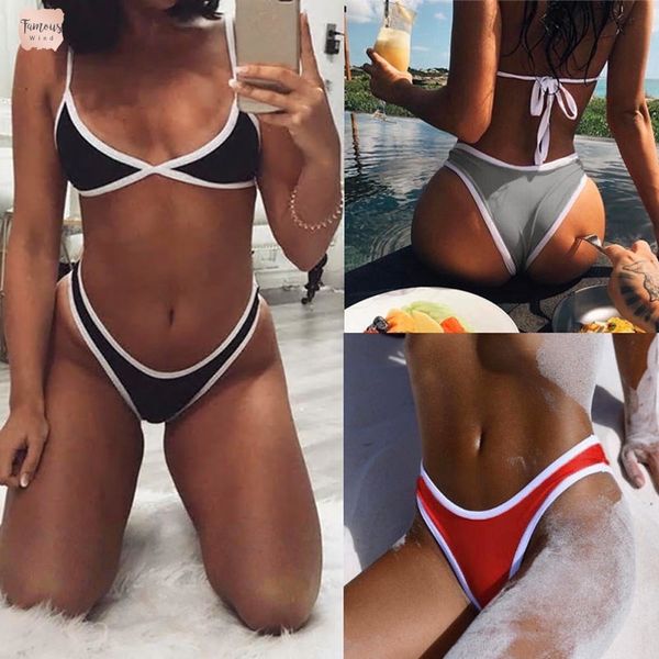 

bandage bikini set solid women swimwear bathing maillot suit brazilian bikini de bain padded swimming suit, White;black
