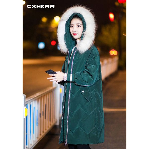 

cxhkrr 2019 casual long parka coat down cotton winter coat female fur collar hooded warm thick cotton, Black