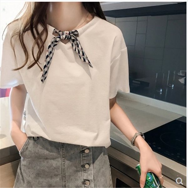 

summer clothes contrast color diamond t-shirt diamond tie round collar short sleeve t-shirt female academic style loose all-match top, White