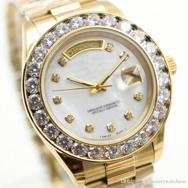 

new watch gold president day-date diamonds luxury watch men silver stainless mother of pearl diamond bezel automatic wristwatch watches, Slivery;brown